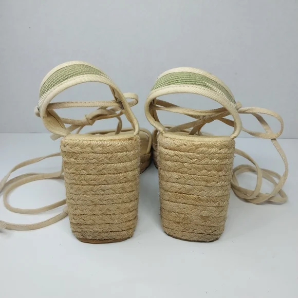 Carolina Colours Size 7 Tan Green Espadrille Wedge Y2K Tie Ankles Sandals Shoes - Picture 5 of 12